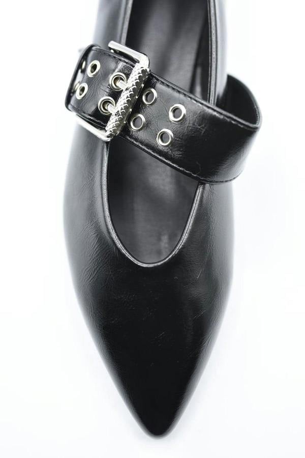 Brenda Low Heel Buckle Eyelet Strap Pointed Flat Shoes - Black