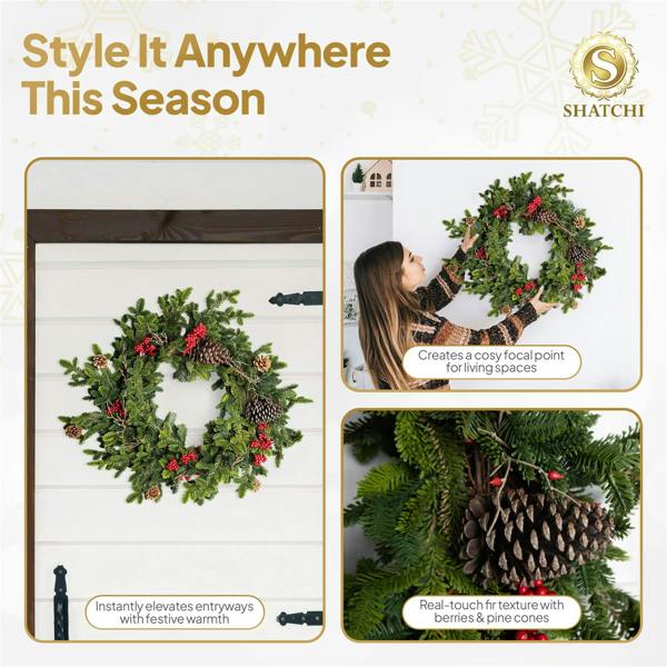 60cm Green Fir Christmas Wreath with Berries and Pine Cones, PE Artificial Door Decoration image 3