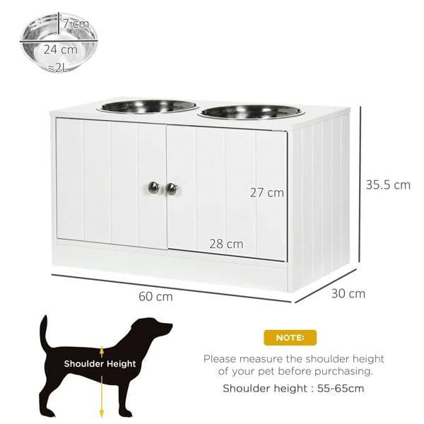 White raised pet feeder dimensions, two stainless steel bowls with front storage doors