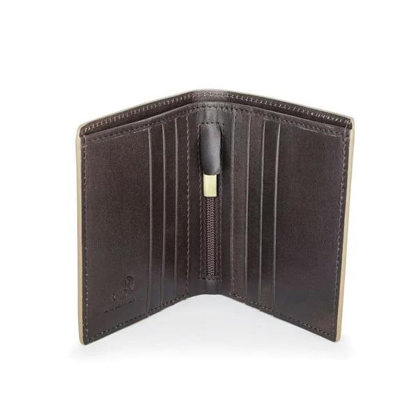 Brown leather wallet with a visible brand logo on a white background