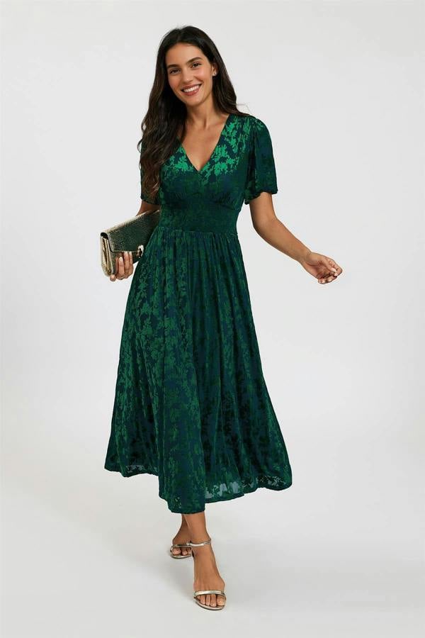 FS Collection Green Velvet Burnout V-Neck Angel Sleeve Midi Dress