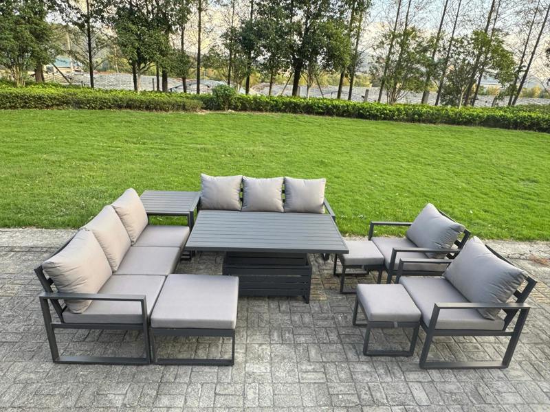 Fimous 9 Piece Garden Furniture Set 11-Seater Aluminium Outdoor Dining Set with Adjustable Rising Lifting Dining Table & Cushions Side Table Dark Grey