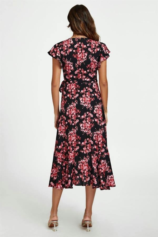 FS Collection Pink Floral Frill Sleeve Midi Wrap Dress In Black
