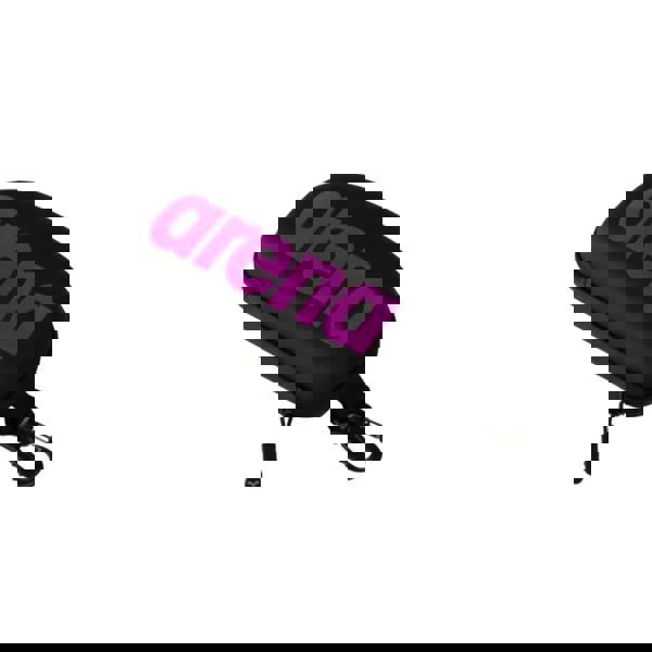 Arena black and purple goggle case with zipper and elastic strap inside