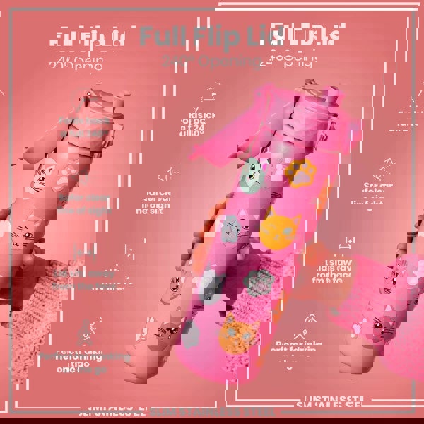 A pink, cat-decorated water bottle with a flip lid is being held; its 240° opening is emphasized, highlighting features for safe and convenient on-the-go drinking. The bottle is slim and made of stainless steel.