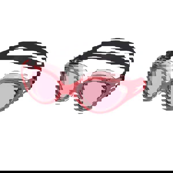 Red Speedo Biofuse female goggles with clear lenses and push button mechanism