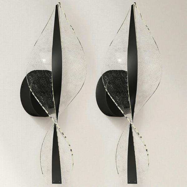 Black modern LED spiral wall lamps, 2-pack with curved clear glass panels