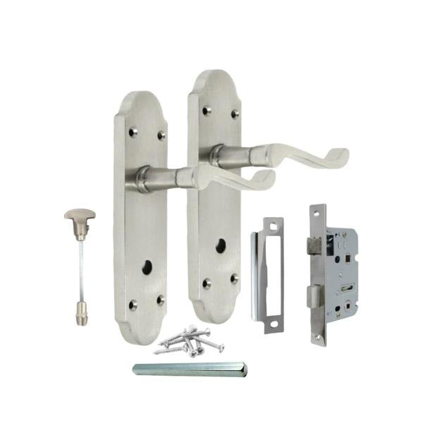 EDH Door Hardware Satin Nickel Bathroom Door Handle – Epsom Style Victorian Scroll Privacy Lever