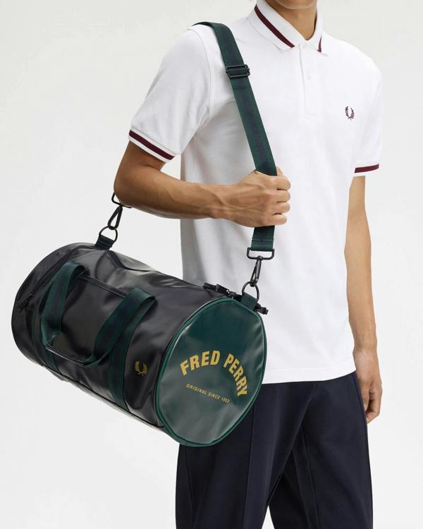 Fred Perry Recycled Polyester Classic Barrel Bag - Navy/Grassroots 83A | CHO | Designer Mens Bags
