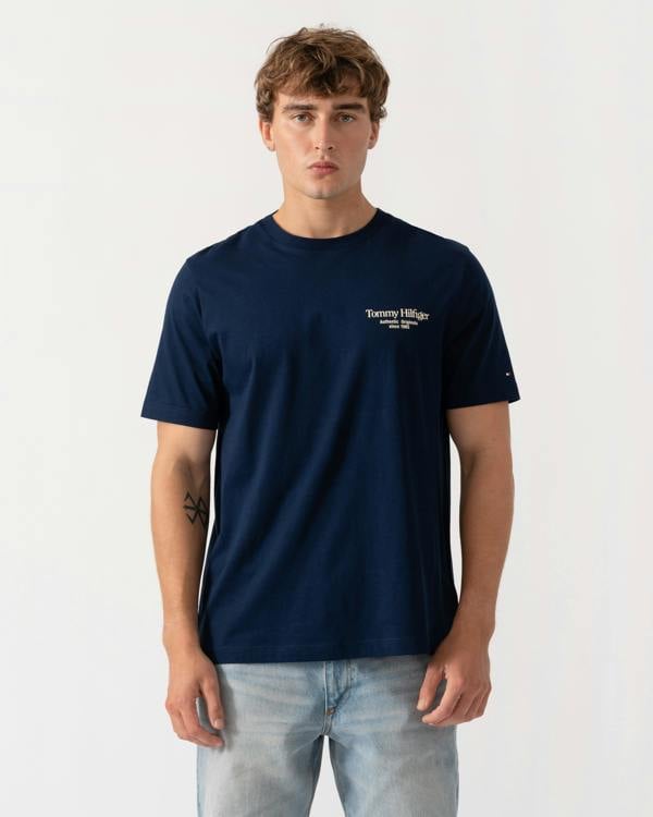 Front of Tommy Hilfiger Mens Back Text Seasonal Graphic T-Shirt - Carbon Navy
