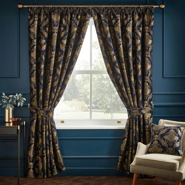 Paoletti Shiraz Traditional Jacquard Pencil Pleat Curtains - Navy - 