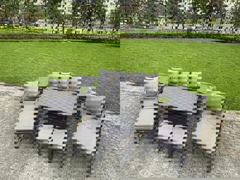 Fimous 9 Seater Aluminium Garden Furniture Set with Sofa, Adjustable Rising Dining Table, 2 Chairs, 4 Footstools, 2 Side Tables - Grey