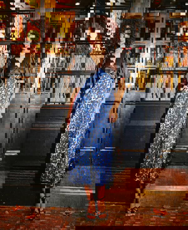 blue leopard print satin midi dress