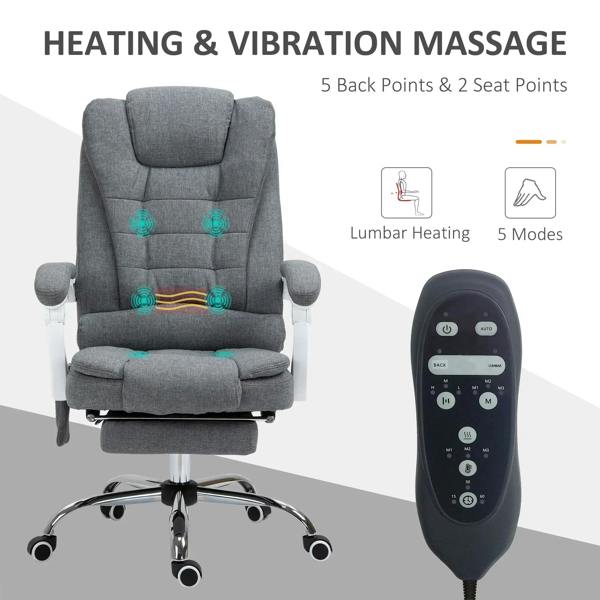 Grey heated vibration massage office chair with high back, armrests, and handheld remote