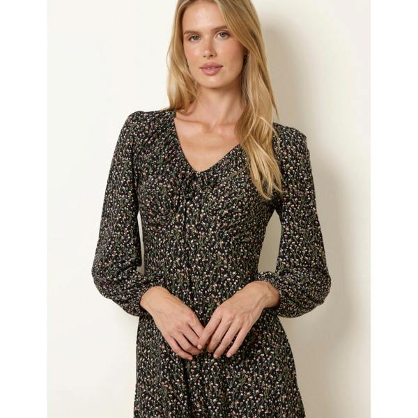 Blue Vanilla Floral Neck Swing Dress With Tie