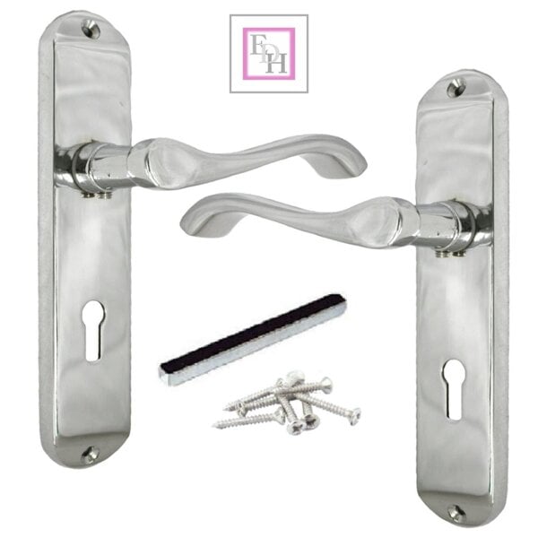EDH Door Hardware Cadenza Victorian Scroll Door Handles Polished Chrome – Lever Latch, Bathroom Lock & 3 Lever Lock Sets