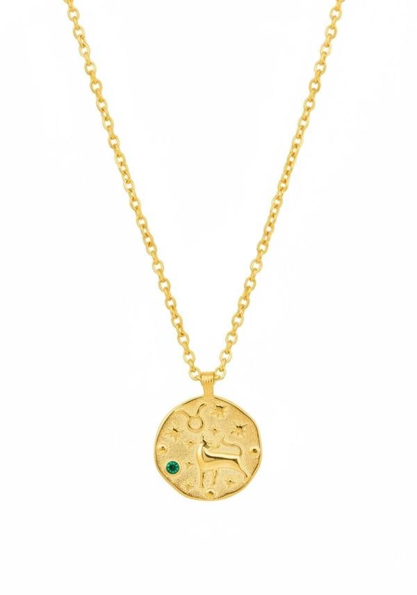 Gold necklace with a zodiac pendant on a white background