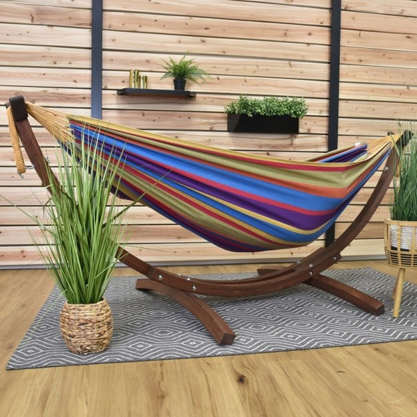 Vivere Double Cotton Hammock with Solid Pine Stand (260cm) - Tropical