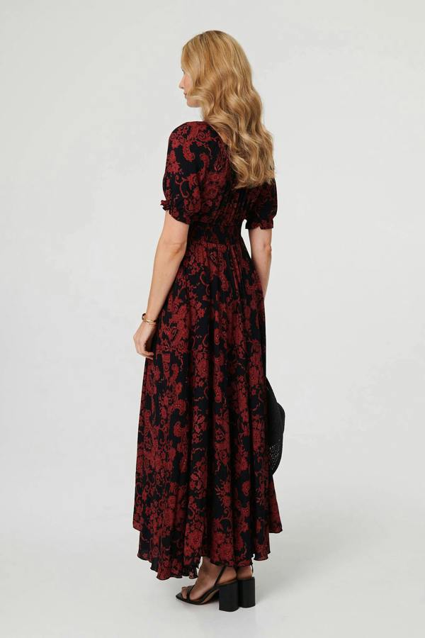 Black | Baroque Print Puff Sleeve Maxi Dress