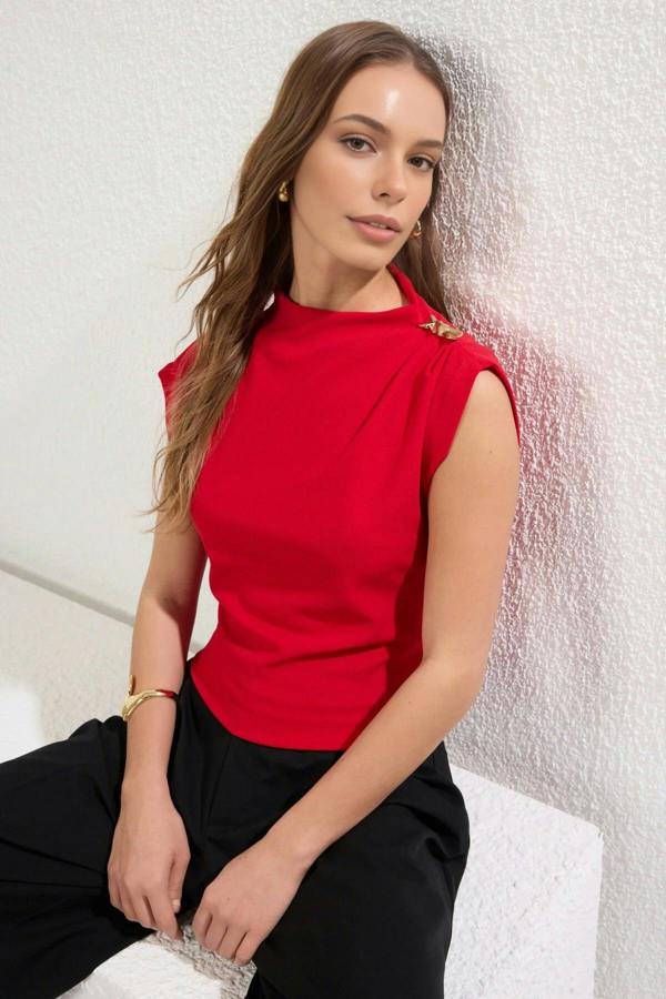 WOVCOR Draped Stretch Knit Blouse with Accessory Detail