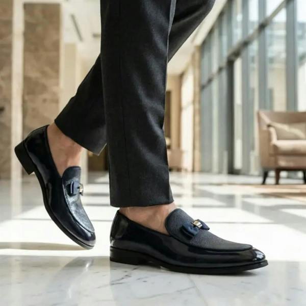 Dolcetto Mens Navy Blue Textured Front Iconic Buckle Bow Loafers Shoes
