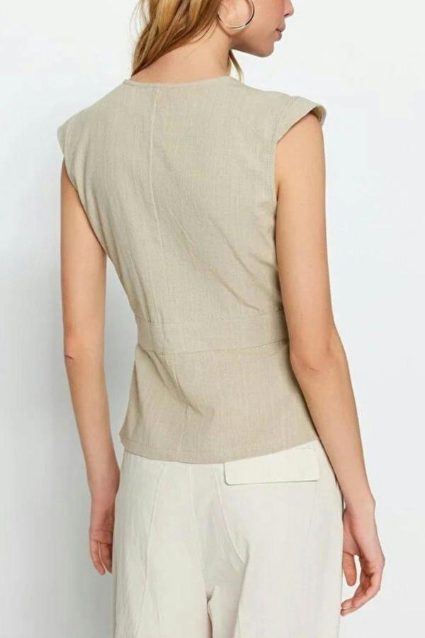 WOVCOR Double-Breasted Woven Blouse with Bone Button Detail