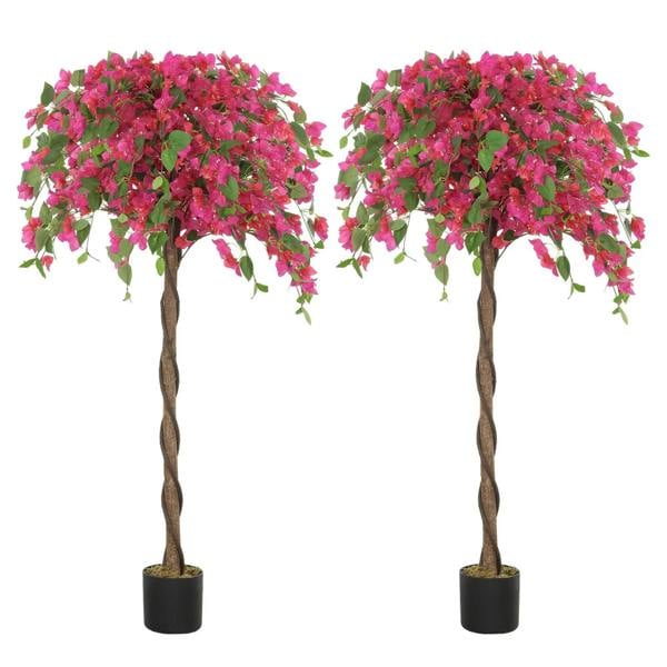 Set of 2 artificial murraya plants in dark pots with bright red leafy blooms