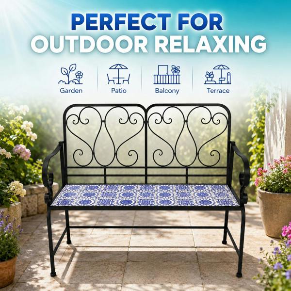 Porto Mosaic 2 Seater Garden Bench, 112cm Outdoor Patio Seat with Ceramic Tile Seat, Scrollwork Backrest & Metal Frame image 7