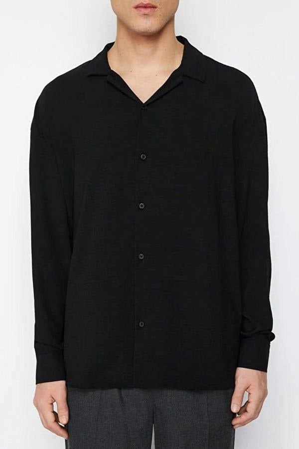 WOVCOR Oversize Fit Open Collar Linen Look Men’s Shirt