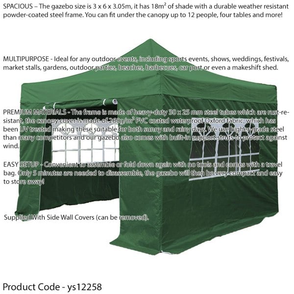 3x6m Pop-Up Gazebo & Side Walls Set GREEN - Strong Outdoor Garden Pavillion Tent - LoopsDirect