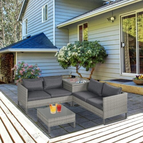 Bobobiy 4 Pieces Rattan Garden Set, 4 Seater Garden Sofa Set with Storage Box, Wicker Outdoor Conservatory Furniture with Cushions, Grey