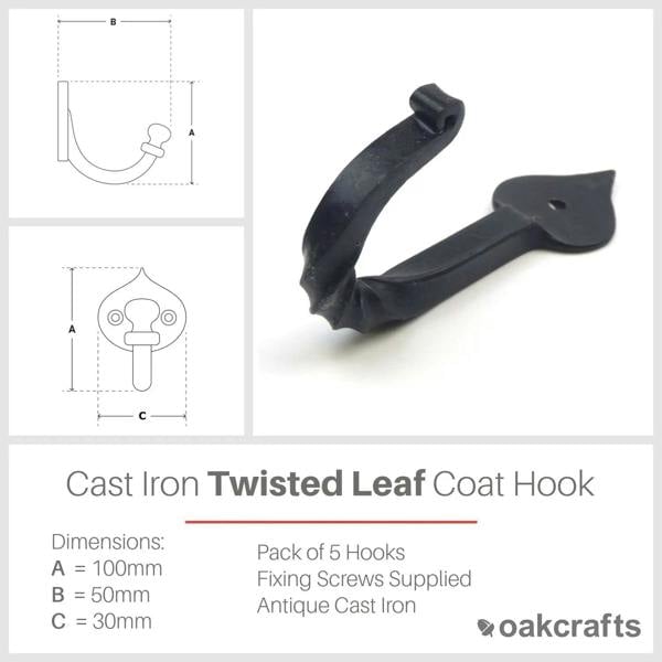 Hand Forged Iron Twisted Leaf Coat Hook In Black Wax Finish