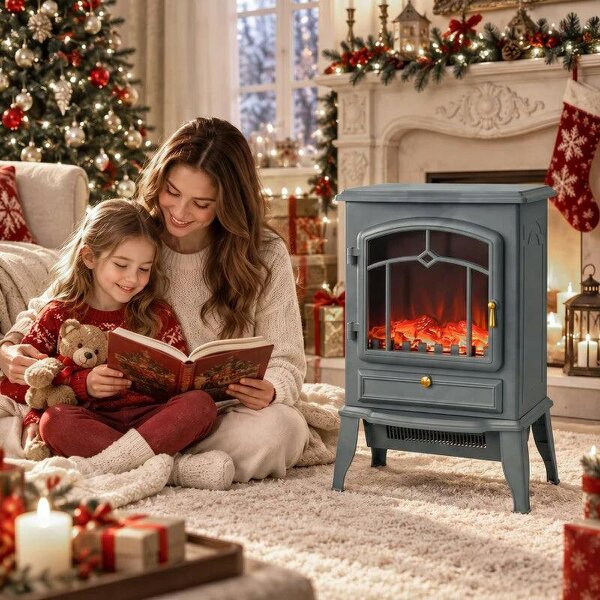 Electric Fireplace Stove, 1000W/2000W, Electric Fire Heater with LED Flame Effect, Adjustable Thermostat, Grey