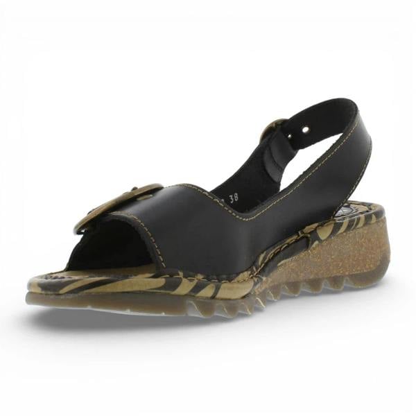 Fly London TRAM723FLY - Women’s Black Leather Wedge Sandals
