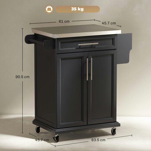 Wyld Haus Paha Wood And Steel Black Kitchen Island Trolley With Stainless Steel Top Drawer And Side Rack