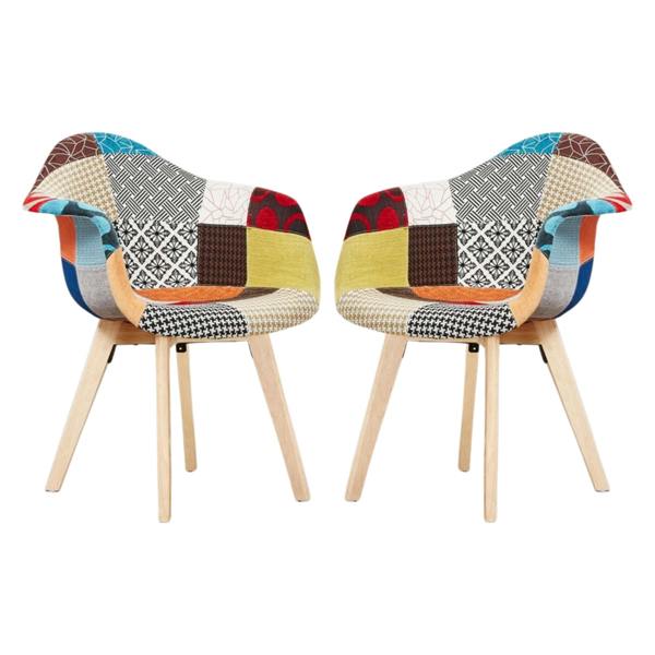 Life Interiors Set of 2 Patchwork Multicolor Fabaric Upholstered Accent Chairs with Wooden Legs, Mid-Century Modern Armchair