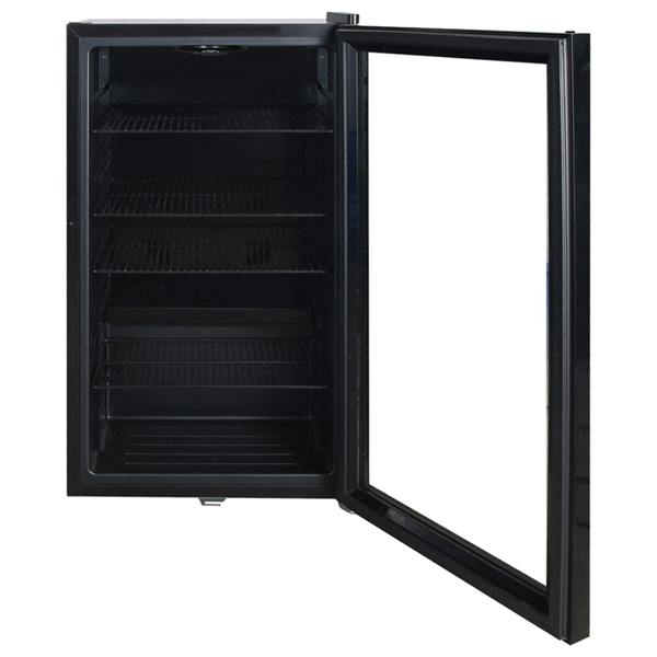 The Igenix Under Counter Drinks Fridge, 98 Litre, Black, features an open door and multiple wire shelves for your beverages. Perfect as an under counter fridge to keep drinks cool and organized.