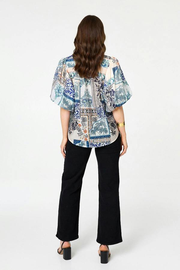 Blue | Patchwork 1/2 Puff Sleeve Boxy Shirt