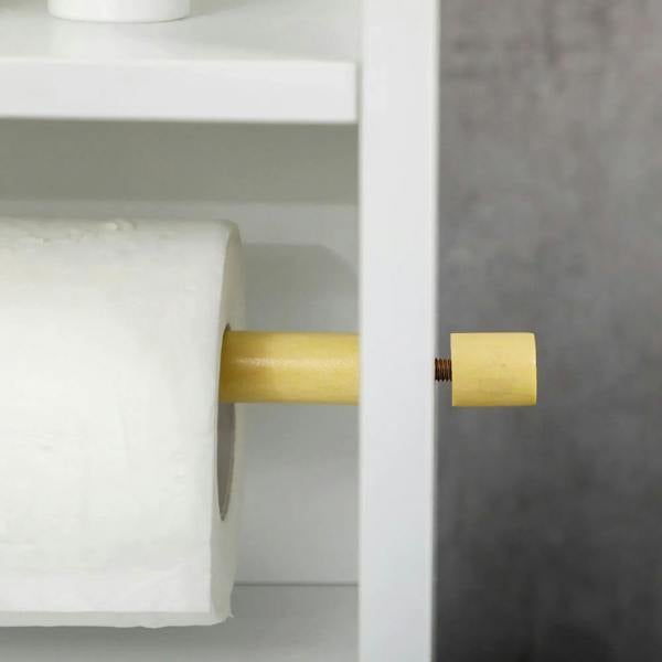 White bathroom cabinet door with gold knob handle beside paper storage