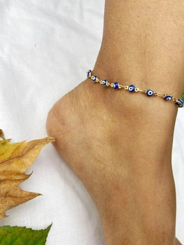 The Colourful Aura Golden Blue Evil Eye Minimalist Adjustable Protection Beaded Turkish Anklet - Gold
