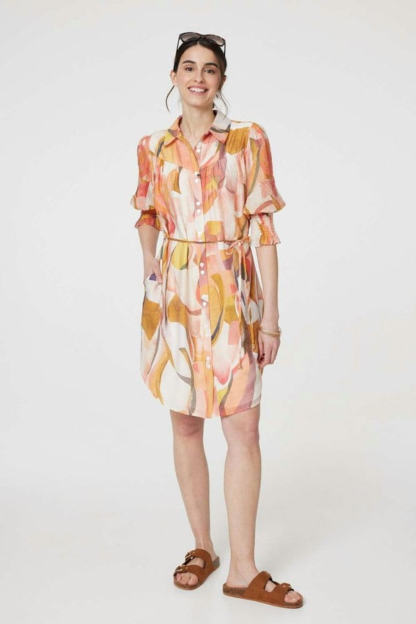 Orange | Printed 3/4 Puff Sleeve Shirt Dress