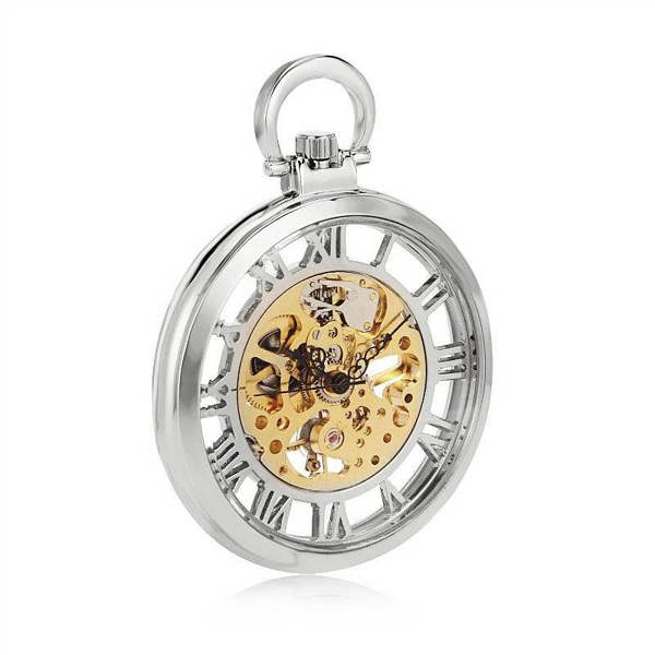 Infinity Leather Open-Face Silver Alloy Mechanical Skeleton Silver Pocket Watch