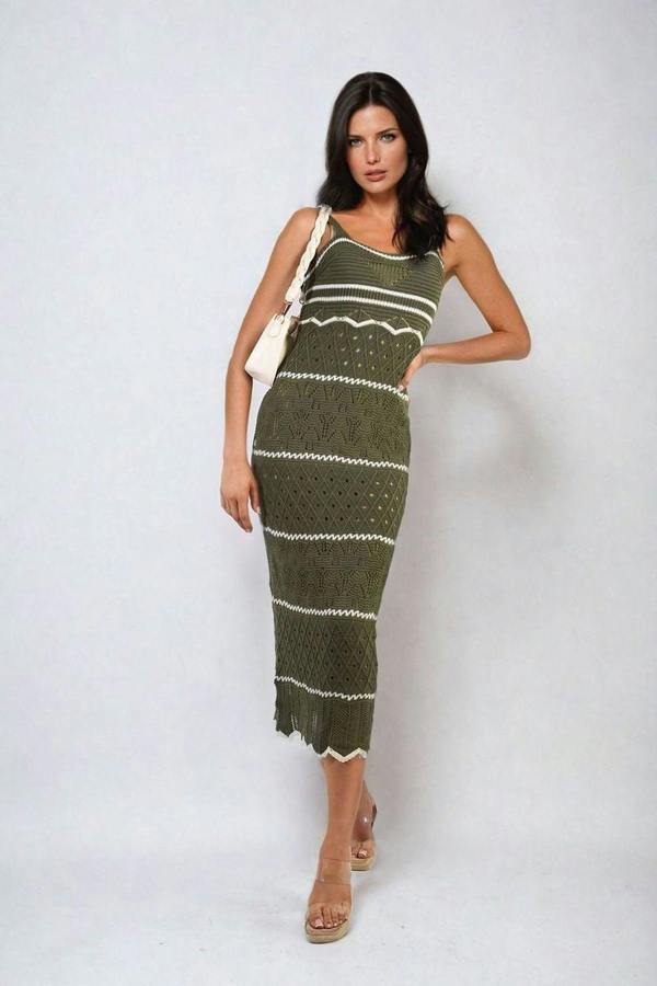 Ariana Strappy Long Knitted Stripe Cami Dress - Khaki