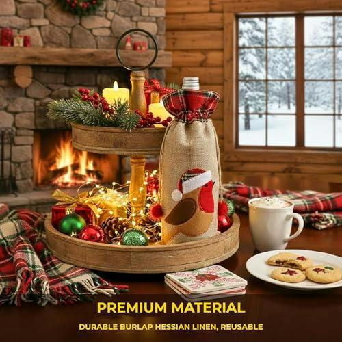 15 x 35 cm Christmas Wine Bottle Cover Bag with Drawstring, Festive Robin Printed Design image 7