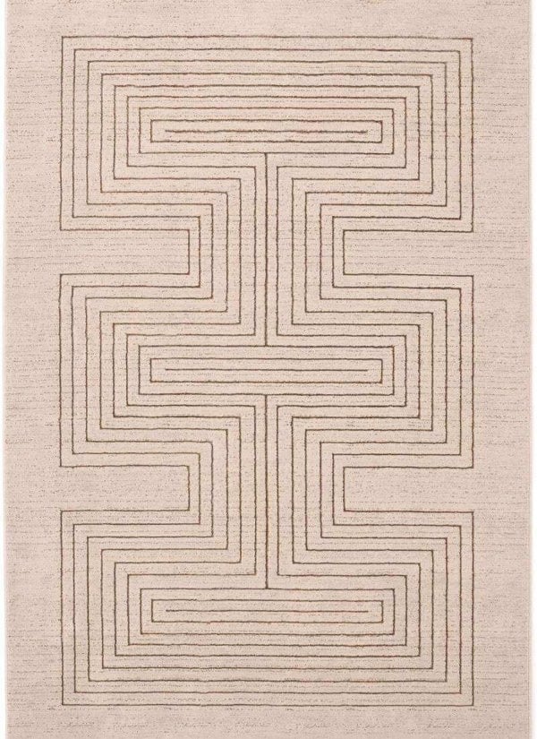 Abstract geometric rug with striped pattern in beige and brown, made from 100% recycled polyester.