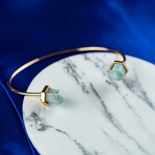 The Colourful Aura Adjustable Turquoise Stone Pencil Cuff Golden Beach Ornament Bangle