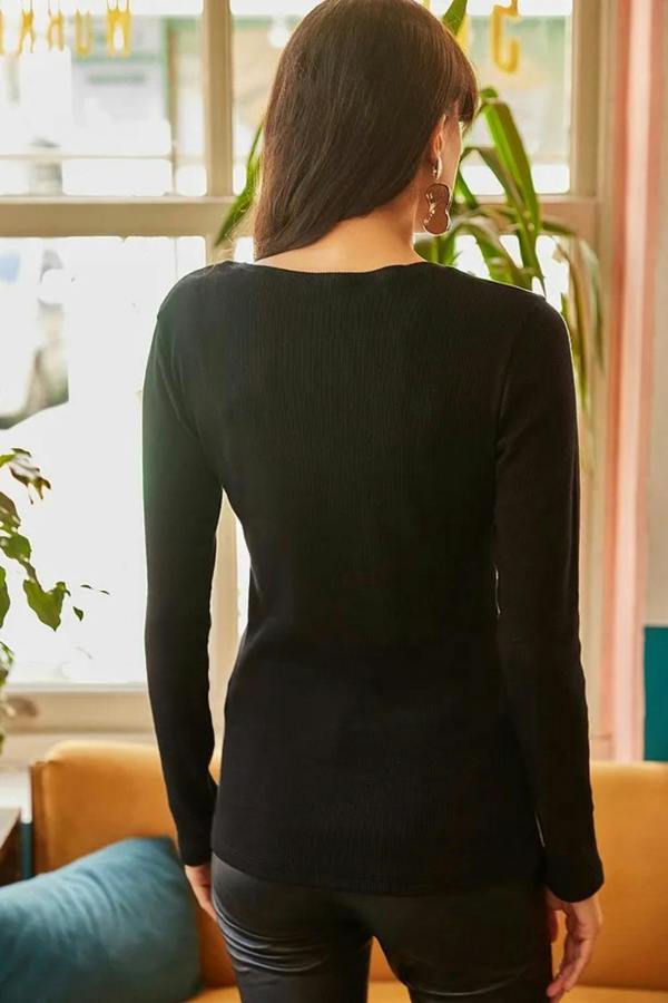 Hoxton Gal Button Placket Ribbed Blouse