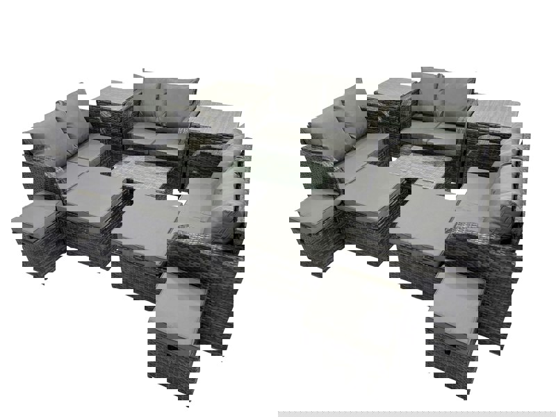 Fimous Outdoor Love Sofa Coffee Table Set Garden Rattan Furniture Set 10 Seater with 4 Stools 2 Side Tables Dark Grey