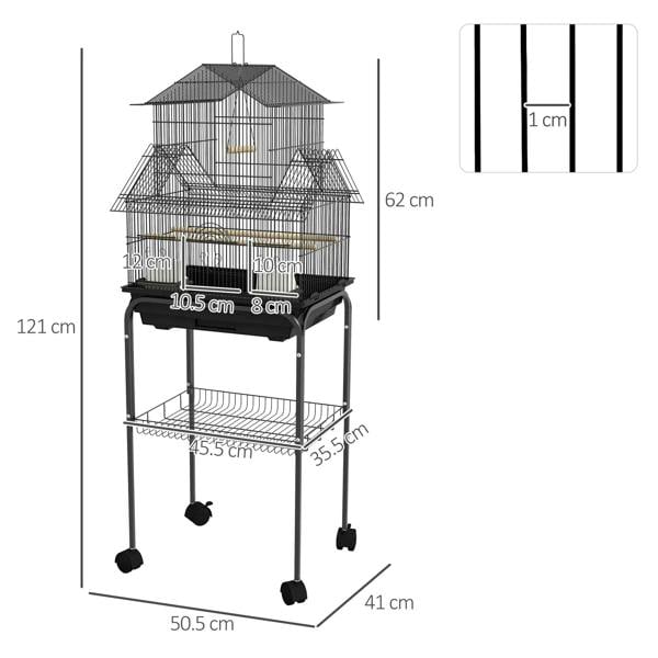 Black metal birdcage with perch and swing, labeled size dimensions diagram