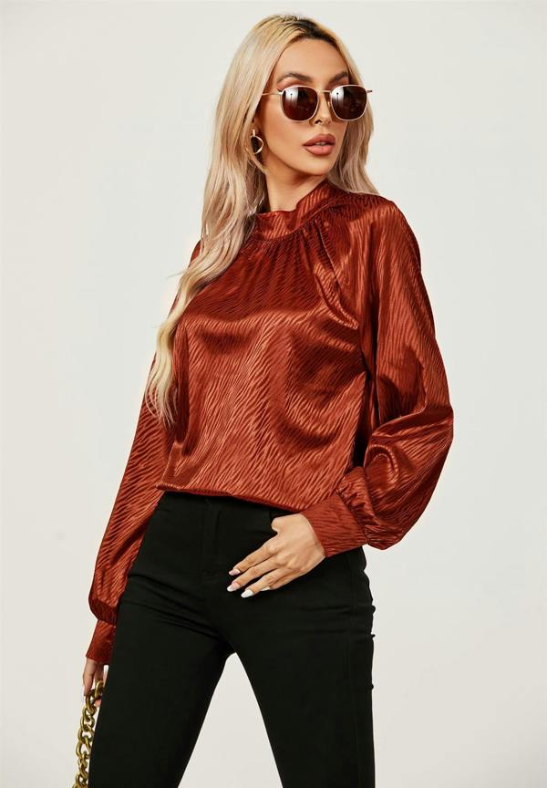 FS Collection Halter Neck Satin Long Sleeve Blouse Top In Copper Red
